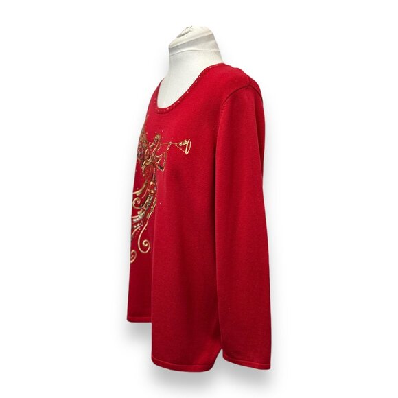 Quacker Factory 2X Red Long Sleeve Holiday Angel Embellished Sweater 60% Cotton - Picture 3 of 8
